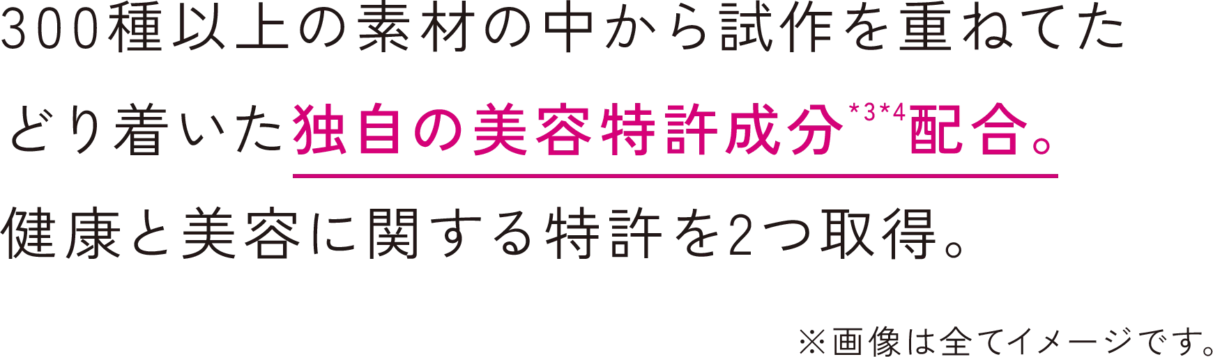 300種以上の素材の中から試作を重ねてたどり着いた独自の美容特許成分*3*4配合。健康と美容に関する特許を2つ取得。