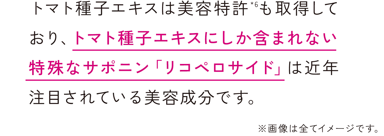 トマト種子エキスは美容特許*6も取得しており、トマト種子エキスにしか含まれない特殊なサポニン「リコペロサイド」は近年注目されている美容成分です。