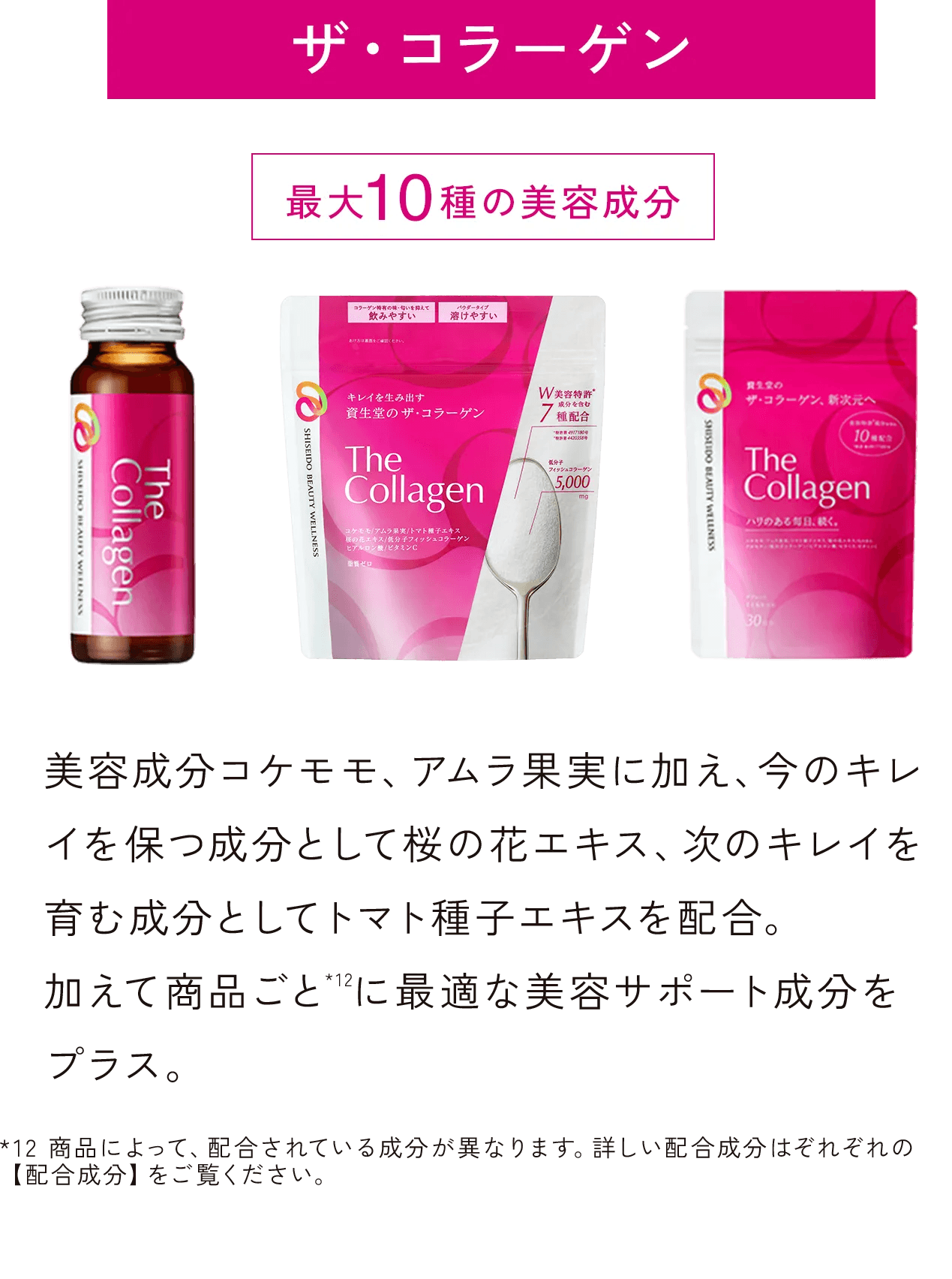 美容成分コケモモ、アムラ果実に加え、今のキレイを保つ成分として桜の花エキス、次のキレイを育む成分としてトマト種子エキスを配合。加えて商品ごと*12に最適な美容サポート成分をプラス。