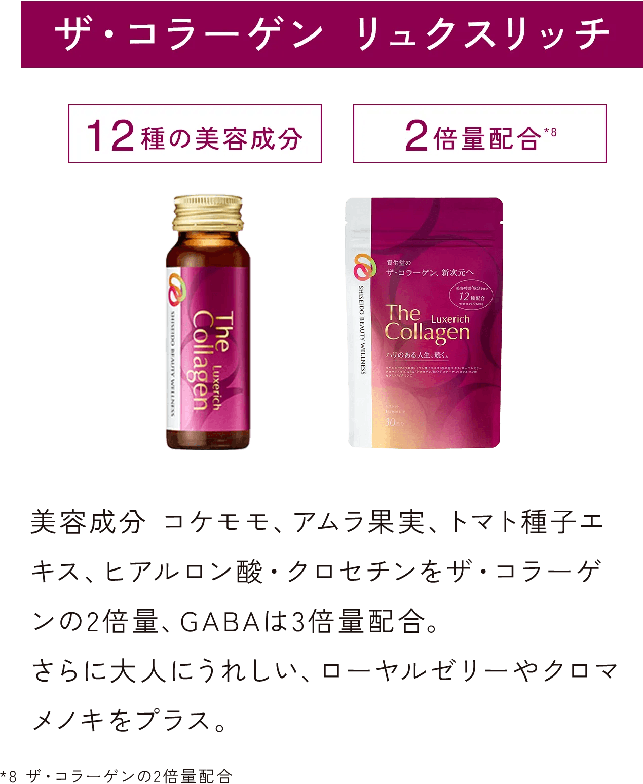 美容成分 コケモモ、アムラ果実、トマト種子エキス、ヒアルロン酸・クロセチンをザ・コラーゲンの2倍量、GABAは3倍量配合。さらに大人にうれしい、ローヤルゼリーやクロマメノキをプラス。