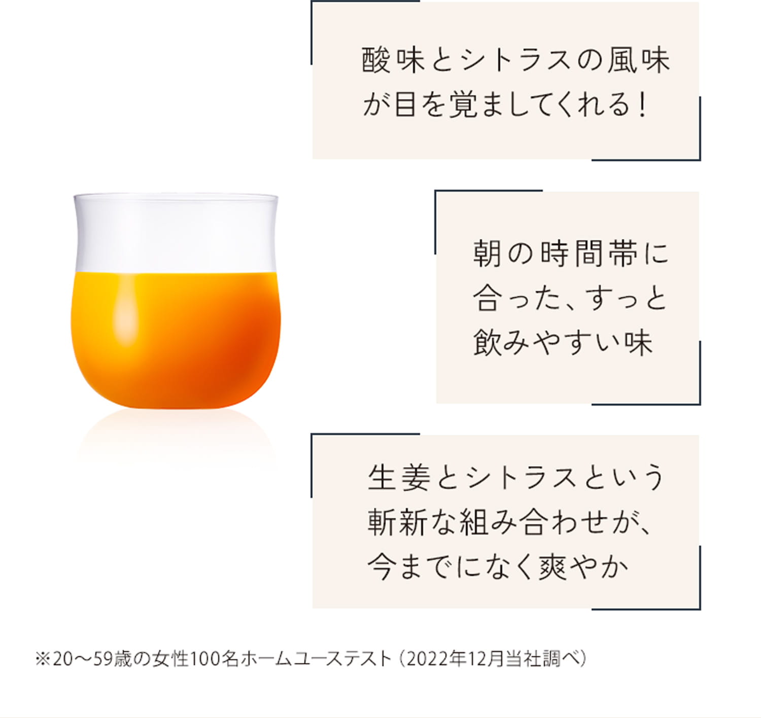 酸味とシトラスの風味が目を覚ましてくれる！朝の時間帯に合った、すっと飲みやすい味 生姜とシトラスという斬新な組み合わせが、今までになく爽やか ※20～59歳の女性100名ホームユーステスト（2022年12月当社調べ）