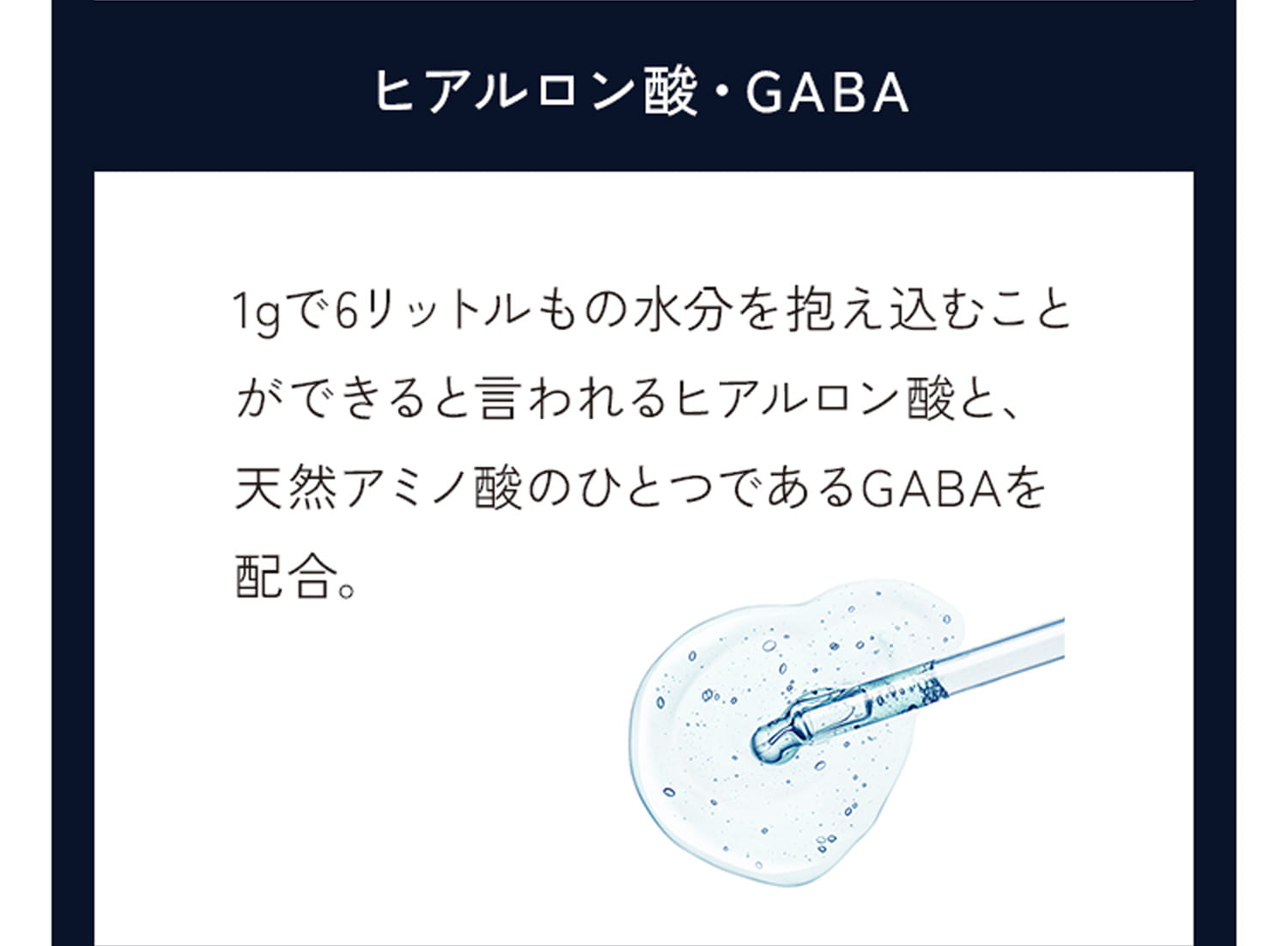 ヒアルロン酸・GABA 1gで6リットルもの水分を抱え込むことができると言われるヒアルロン酸と、天然アミノ酸のひとつであるGABAを配合。