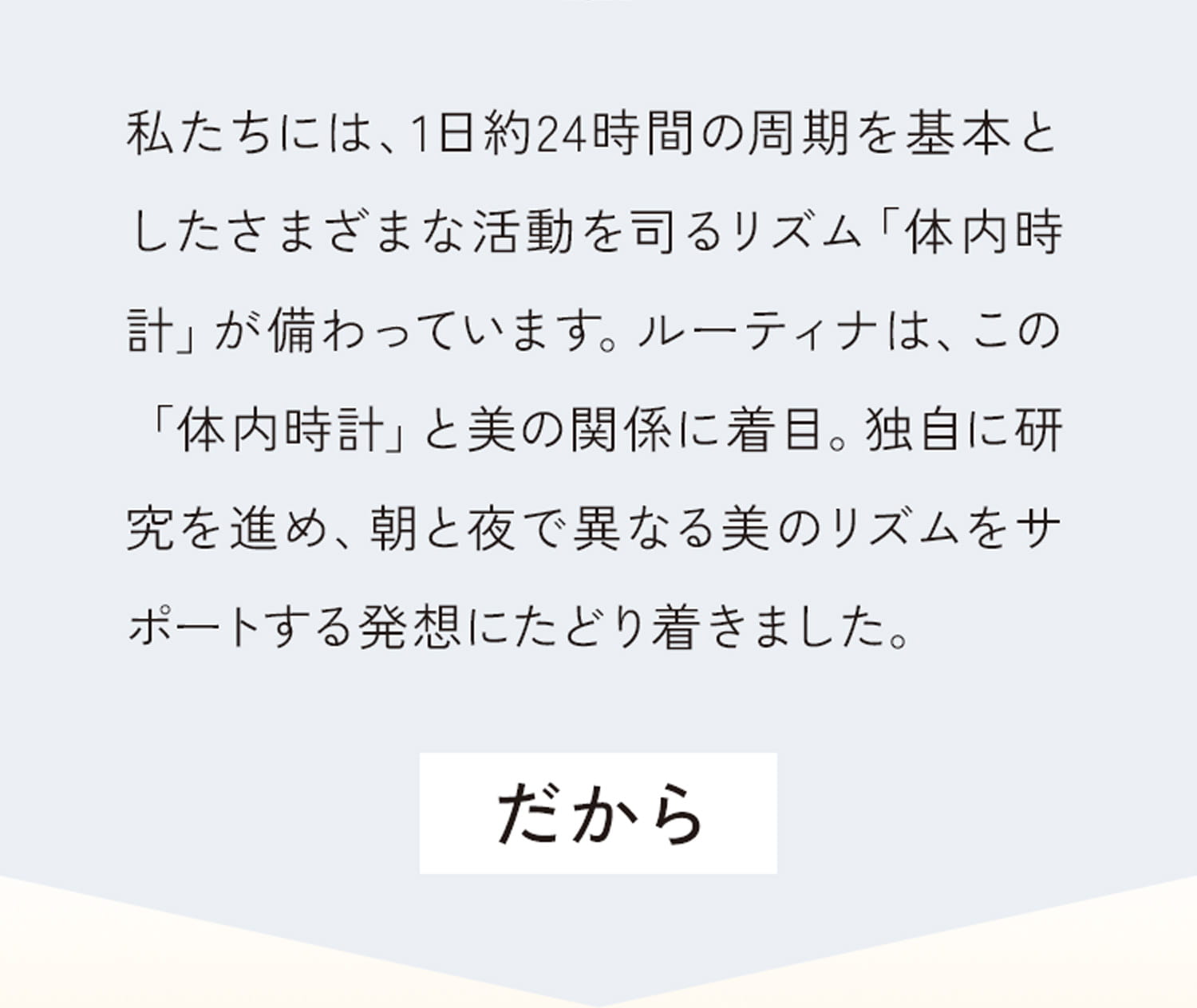 私たちには、1日約24時間の周期を基本としたさまざまな活動を司るリズム「体内時計」が備わっています。ルーティナは、この「体内時計」と美の関係に着目。独自に研究を進め、朝と夜で異なる美のリズムをサポートする発想にたどり着きました。だから